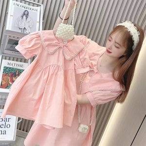 韩版炸街亲子装2024夏季新款母女装珍珠领连衣裙女童短袖公主裙子