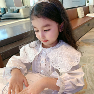 女童蕾丝娃娃领衬衫2024春季新款韩版儿童纯棉长袖打底衫宝宝衬衣