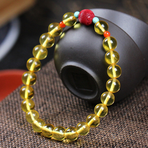 天然琥珀净水金珀手串蜜蜡手链原石打磨配朱砂绿松南红