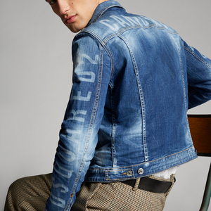 设迷 dsquared2/d2次方 做旧水洗字母印花翻领修身牛仔夹克外套男