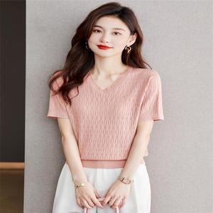 蕾丝短袖v领t恤女夏季2023年新款减龄粉色薄款上衣t桖冰丝针织衫