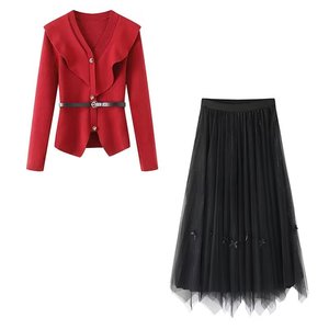 外贸原单尾货2024春新款女装法式红色腰带针织衫网纱半身裙两件套
