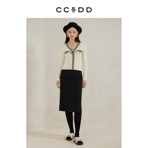 CCDD2023冬季新款女装时尚小香风撞色V领套头百搭针织衫打底毛衣