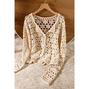 镂空浮雕粗针羊绒衫女圆领针织开衫84839