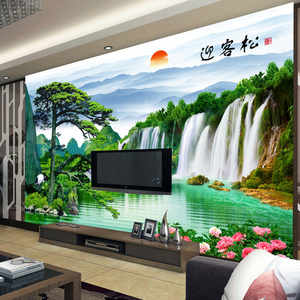 3d立体中式电视背景墙壁纸客厅迎客松风景壁画影视墙装饰5d山水画