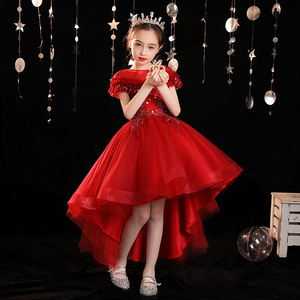 红色儿童晚礼服女童公主裙洋气小女孩主持人花童钢琴演出服装现货