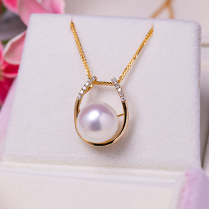 天然大澳白海水珍珠项链吊坠单颗女18k黄金镶钻妈妈款高级感强光