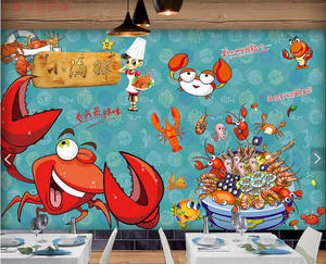 卡通插画小海鲜餐厅饭店背景墙装饰画墙纸海鲜馆海鲜餐厅壁纸壁画