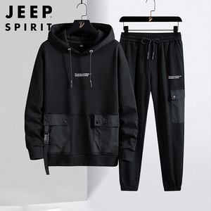 Jeep吉普连帽卫衣套装男士秋冬季潮牌宽松大码加绒休闲运动二件套