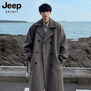 Jeep吉普冬季毛呢大衣男中长款加厚西装领双排扣呢子风衣男士外套