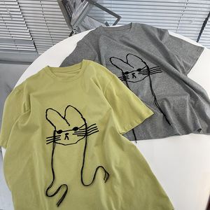 设计感带胡子的兔兔刺绣图案短袖t恤女韩版减龄宽松打底衫上衣潮