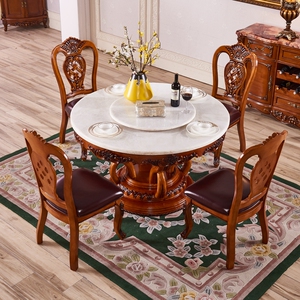 欧式复古天然大理石餐桌圆桌全实木客厅圆形吃饭桌家用餐台带转盘