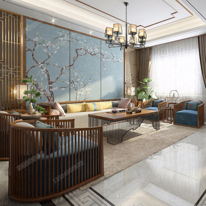 新中式沙发 现代禅意全实木客厅布艺沙发组合 中国风民宿客栈家具