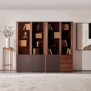 北美黑胡桃木全实木磨砂茶色玻璃现代简约书柜收纳置物柜书房家具