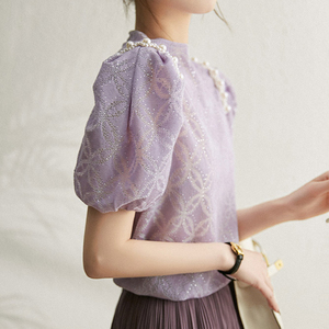 韩国夏季钉珠泡泡袖亮丝紫色针织衫女法式立体烫钻镂空短袖上衣薄