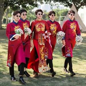 伴郎服兄弟装中式中国风男士秀禾服唐装伴郎团结婚礼服大褂相声服