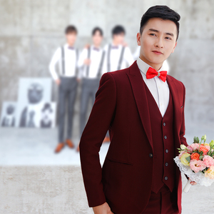 西装租赁新郎西服套装酒红色时尚婚礼男正装高级兄弟团伴郎服出租