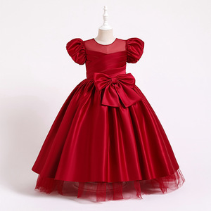 红色2024新款女童儿童模特走秀公主裙泡泡袖主持人连衣裙绿色礼服