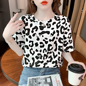 夏季豹纹短袖t恤女装夏装2024年新款韩版宽松纯棉上衣设计感小众