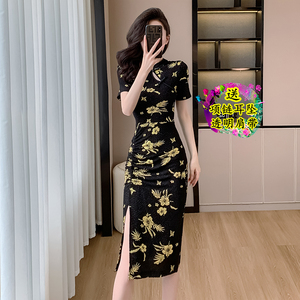 新中式复古国风名媛短袖刺绣褶皱开叉连衣裙黑色高级晚礼服旗袍女