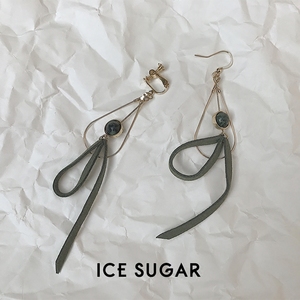 「ice 墨绿珠子耳环耳夹」设计感韩国气质鹿皮绒带复古几何耳坠饰