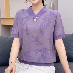 中国风织花纯色夏季天丝冰麻中领体恤妈妈装女士短袖T恤衫上衣女