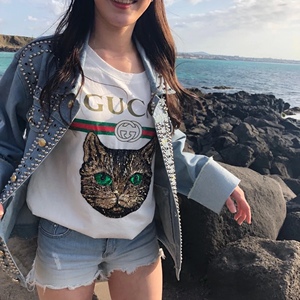 000人付款淘宝2018夏款韩版猫头图案刺绣酷奇短袖亮色t恤女时尚百搭