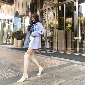 长靴女过膝春秋单靴米白色尖头粗跟显瘦弹力瘦瘦靴2021新款高筒靴