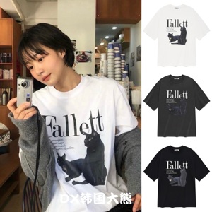 【特价】韩国大熊 FALLETT 复古猫咪字母印花短袖T恤 男女同款
