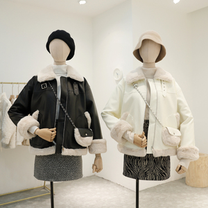 糖果candy机车服女2020新款冬羊羔毛外套pu皮衣加厚短款皮毛一体