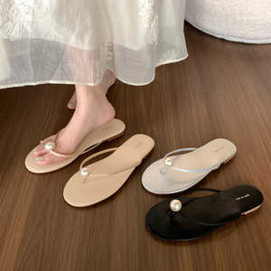 法式珍珠人字拖鞋子女夏季外穿人字拖夹趾夹脚夹板平底女士凉拖鞋