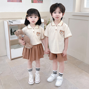 儿童洋气夏装2024夏季新款小童女孩学院短袖小熊兄妹休闲两件套装