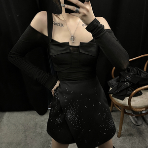 iamcplus桑妮黑色一字领两件套吊带露肩叠穿上衣女显瘦修身打底衫