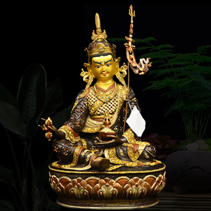 莲花生大士佛像尼泊尔纯手工艺紫铜雕花镶宝石密宗莲花生大师37cm