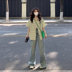 韩版绿色格子正肩短袖衬衫女夏季2024新款设计感小众别致夹克开衫