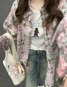 粉色撞色艺术感格子衬衫外套女春秋季设计感小众做旧情侣开衫衬衣