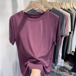 铜氨丝短袖t恤女欧货上衣2024新款设计感洋气减龄紫色垂感打底衫