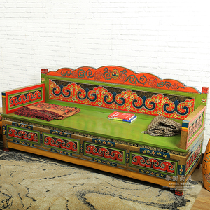 新中式罗汉床榆木床榻彩漆藏式玄关仿古家具复古混搭古典雕花定制