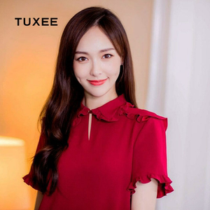 正品tuxee2019唐嫣同款连衣裙宽松鱼尾裙红色法式复古裙娃娃领裙