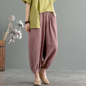 棉麻裤女夏季宽松夏亚麻棉九分裤妈妈装麻料裤子复古垮裤哈伦裤