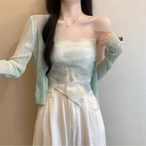 新中式扎染夏天套装女款针织防晒开衫不规则网纱拼接小吊带两件套