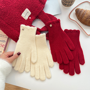 新年红色花边羊毛手套女冬季保暖针织可触屏手套学生短款五指手套