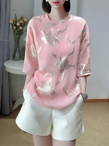GENTLE GRASS 高级感粉色真丝衬衣圆领蝙蝠袖金叶子名媛半袖衬衫