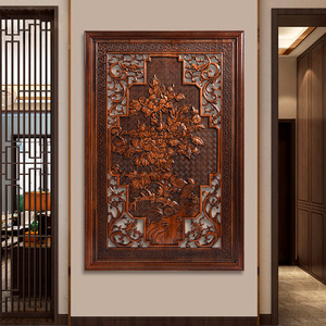 中式木雕玄关花开富贵牡丹鸟雕花板实木玄关吊顶隔断背景墙壁挂件