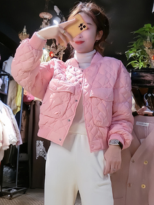 韩版棉服外套女秋冬新款小众菱格设计立领棒球服粉色减龄长袖棉衣