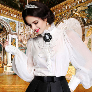 delysia法国贵族时装 宫廷复古灯笼袖立领真丝衬衣大码长袖衬衫女