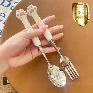 萌猫爪陶瓷304不锈钢餐具勺叉筷子供货可爱卡通儿童筷子勺子套装