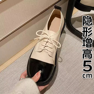 香港撞色拼接小皮鞋女2024新款英伦风复古圆头系带中粗跟单鞋真皮