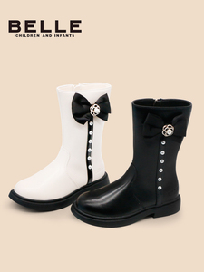 Belle/百丽女童靴子2023秋冬季中高筒皮靴单靴蝴蝶结女孩时装靴