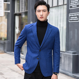 羊毛西服男士上衣毛呢外套韩版修身商务休闲秋冬呢子蓝色小西装男